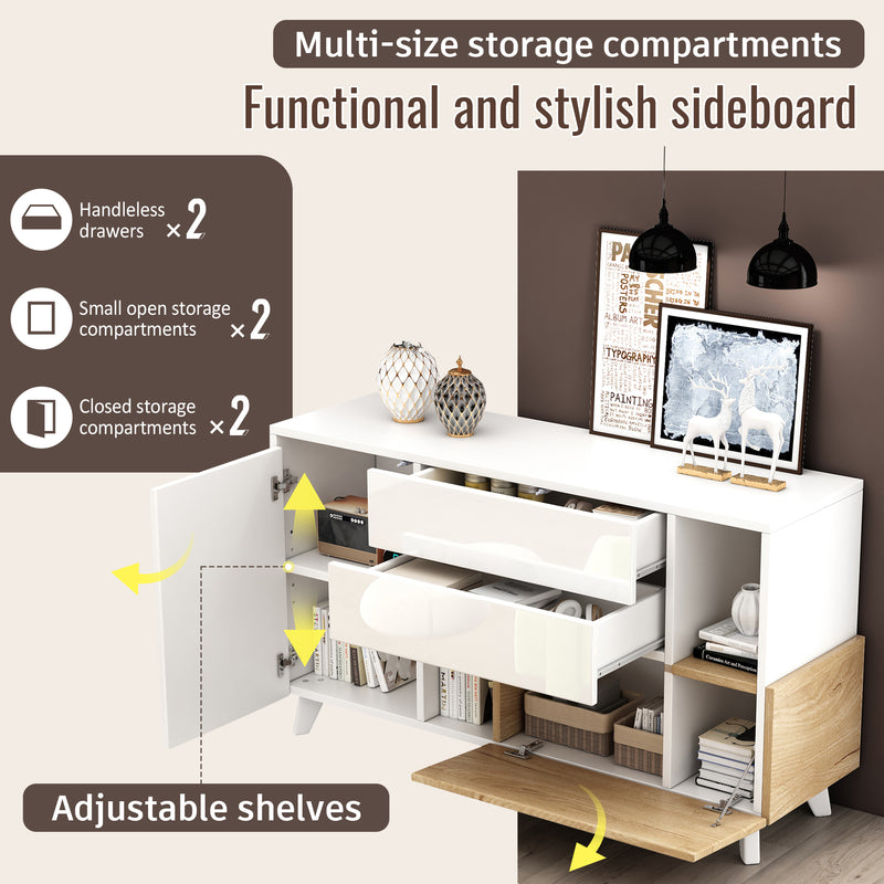 Buffet Scandinave Blanc Brillant et Chêne Clair avec Portes Push-Open et Rangement Modulaire SHIELNIH
