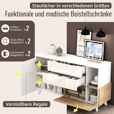 Buffet Scandinave Blanc Brillant et Chêne Clair avec Portes Push-Open et Rangement Modulaire SHIELNIH