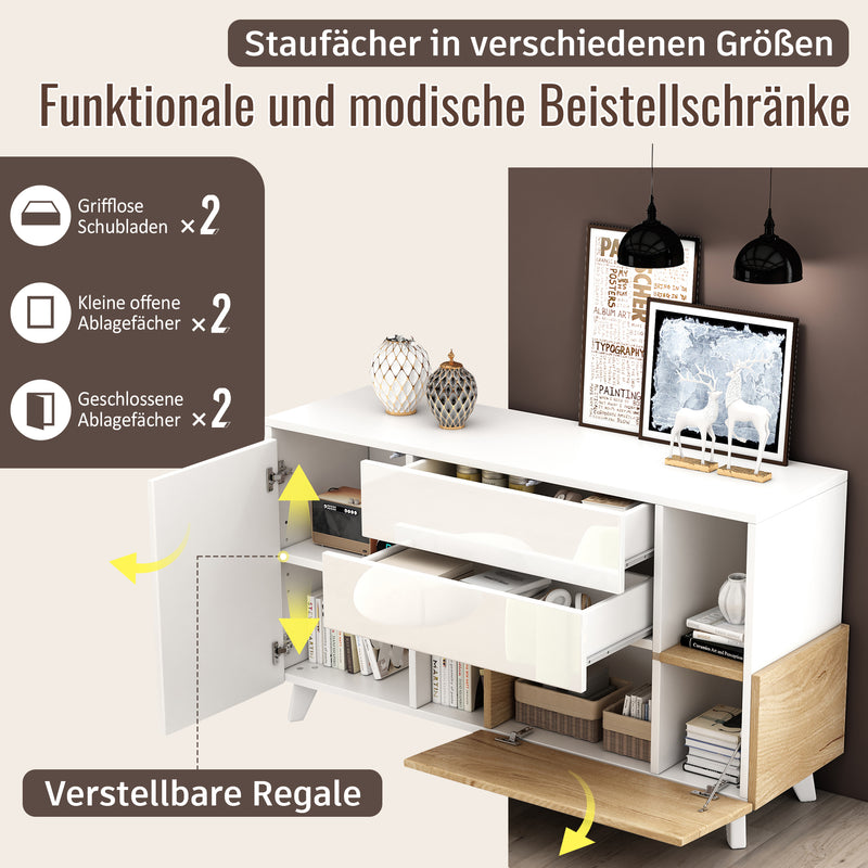 Buffet Scandinave Blanc Brillant et Chêne Clair avec Portes Push-Open et Rangement Modulaire SHIELNIH