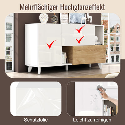 Buffet Scandinave Blanc Brillant et Chêne Clair avec Portes Push-Open et Rangement Modulaire SHIELNIH