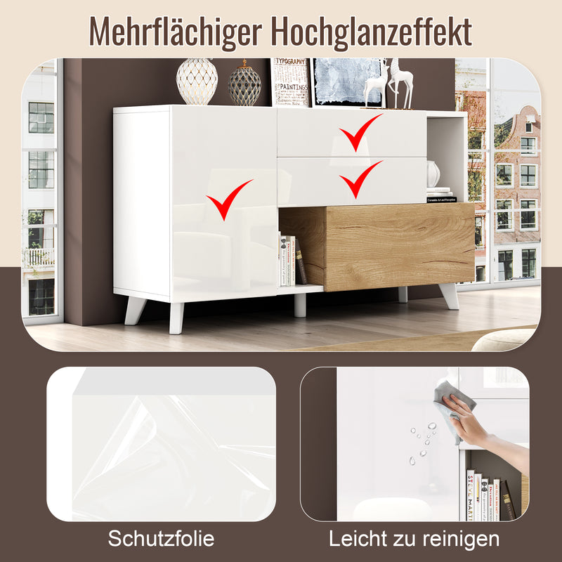 Buffet Scandinave Blanc Brillant et Chêne Clair avec Portes Push-Open et Rangement Modulaire SHIELNIH