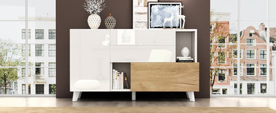 Buffet Scandinave Blanc Brillant et Chêne Clair avec Portes Push-Open et Rangement Modulaire SHIELNIH