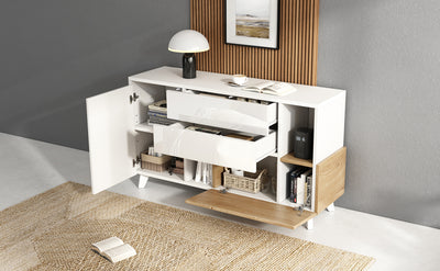 Buffet Scandinave Blanc Brillant et Chêne Clair avec Portes Push-Open et Rangement Modulaire SHIELNIH