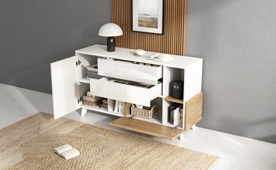 Buffet Scandinave Blanc Brillant et Chêne Clair avec Portes Push-Open et Rangement Modulaire SHIELNIH