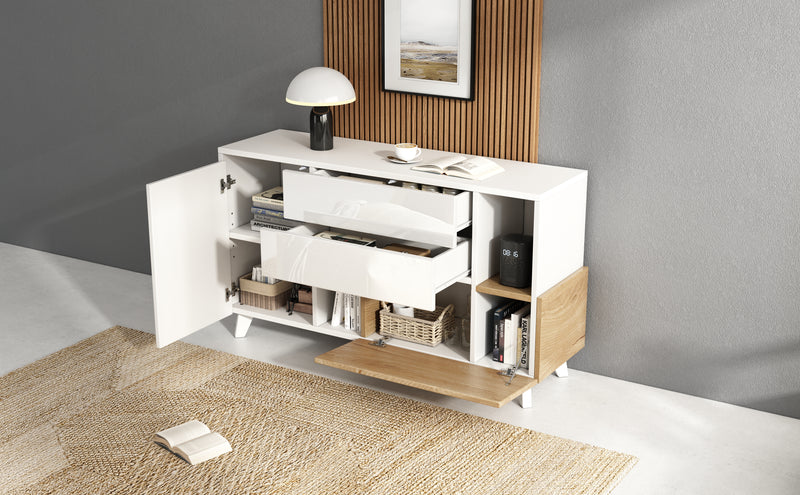 Buffet Scandinave Blanc Brillant et Chêne Clair avec Portes Push-Open et Rangement Modulaire SHIELNIH