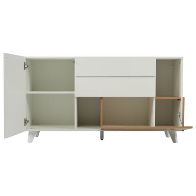 Buffet Scandinave Blanc Brillant et Chêne Clair avec Portes Push-Open et Rangement Modulaire SHIELNIH