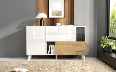 Buffet Scandinave Blanc Brillant et Chêne Clair avec Portes Push-Open et Rangement Modulaire SHIELNIH