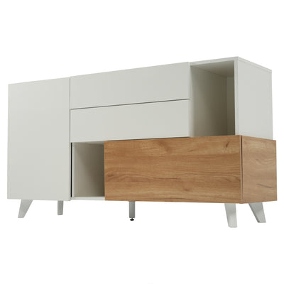 Buffet Scandinave Blanc Brillant et Chêne Clair avec Portes Push-Open et Rangement Modulaire SHIELNIH