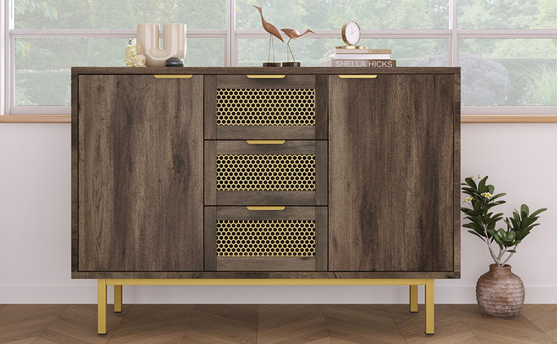 Buffet Industriel Bois Foncé et Métal avec Portes Grillagées et Pieds Dorés SHIMHOLL