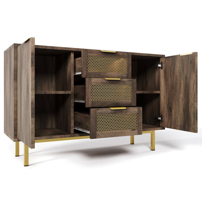 Buffet Industriel Bois Foncé et Métal avec Portes Grillagées et Pieds Dorés SHIMHOLL