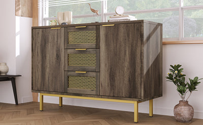 Buffet Industriel Bois Foncé et Métal avec Portes Grillagées et Pieds Dorés SHIMHOLL