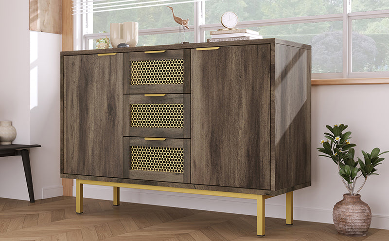 Buffet Industriel Bois Foncé et Métal avec Portes Grillagées et Pieds Dorés SHIMHOLL