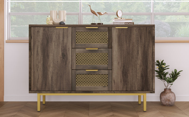Buffet Industriel Bois Foncé et Métal avec Portes Grillagées et Pieds Dorés SHIMHOLL