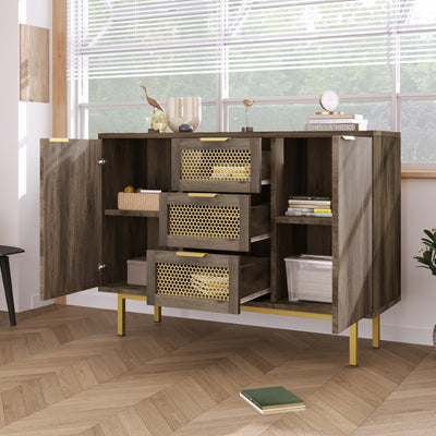 Buffet Industriel Bois Foncé et Métal avec Portes Grillagées et Pieds Dorés SHIMHOLL