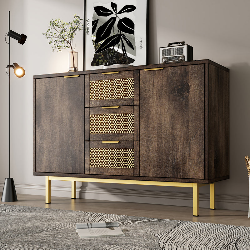 Buffet Industriel Bois Foncé et Métal avec Portes Grillagées et Pieds Dorés SHIMHOLL