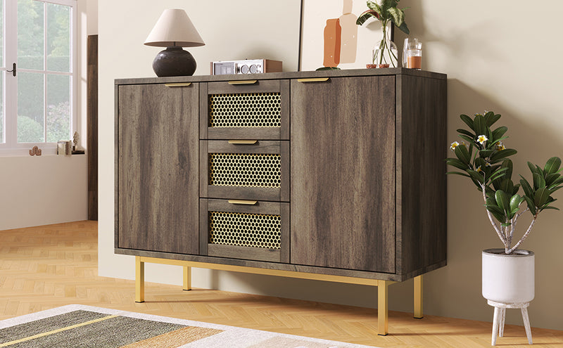 Buffet Industriel Bois Foncé et Métal avec Portes Grillagées et Pieds Dorés SHIMHOLL