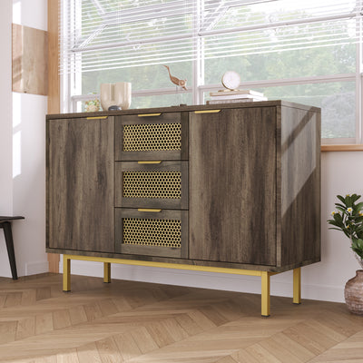 Buffet Industriel Bois Foncé et Métal avec Portes Grillagées et Pieds Dorés SHIMHOLL