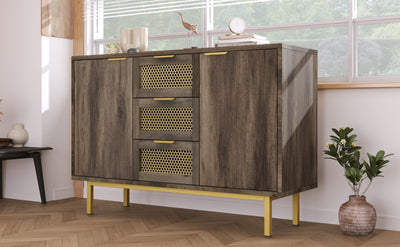 Buffet Industriel Bois Foncé et Métal avec Portes Grillagées et Pieds Dorés SHIMHOLL
