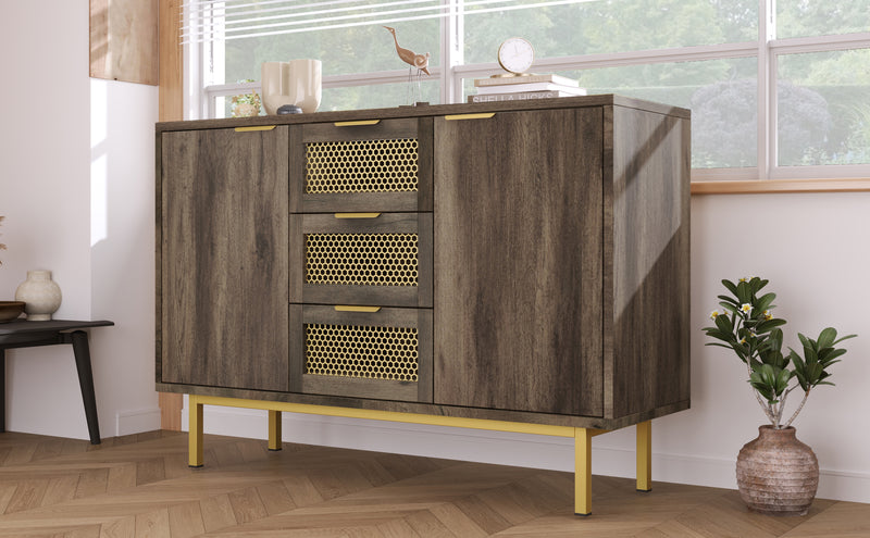 Buffet Industriel Bois Foncé et Métal avec Portes Grillagées et Pieds Dorés SHIMHOLL