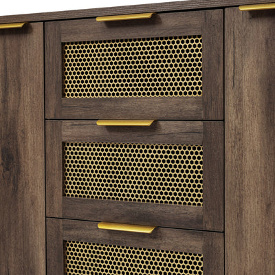 Buffet Industriel Bois Foncé et Métal avec Portes Grillagées et Pieds Dorés SHIMHOLL