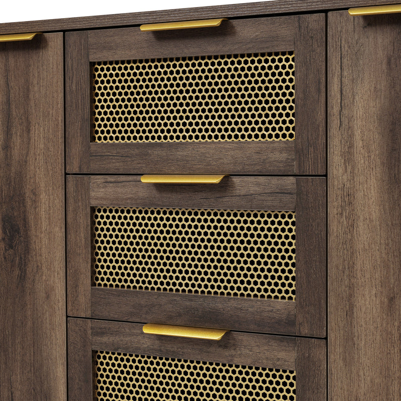 Buffet Industriel Bois Foncé et Métal avec Portes Grillagées et Pieds Dorés SHIMHOLL