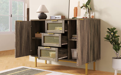 Buffet Industriel Bois Foncé et Métal avec Portes Grillagées et Pieds Dorés SHIMHOLL