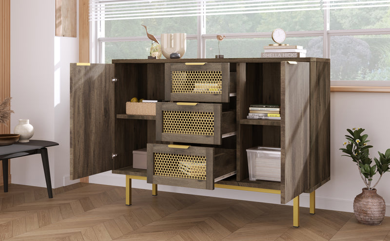 Buffet Industriel Bois Foncé et Métal avec Portes Grillagées et Pieds Dorés SHIMHOLL
