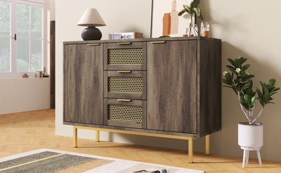 Buffet Industriel Bois Foncé et Métal avec Portes Grillagées et Pieds Dorés SHIMHOLL