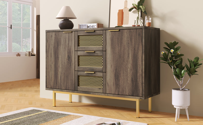 Buffet Industriel Bois Foncé et Métal avec Portes Grillagées et Pieds Dorés SHIMHOLL