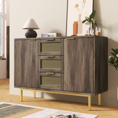 Buffet Industriel Bois Foncé et Métal avec Portes Grillagées et Pieds Dorés SHIMHOLL