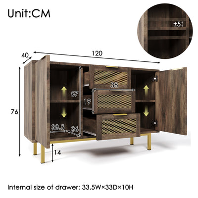 Buffet Industriel Bois Foncé et Métal avec Portes Grillagées et Pieds Dorés SHIMHOLL