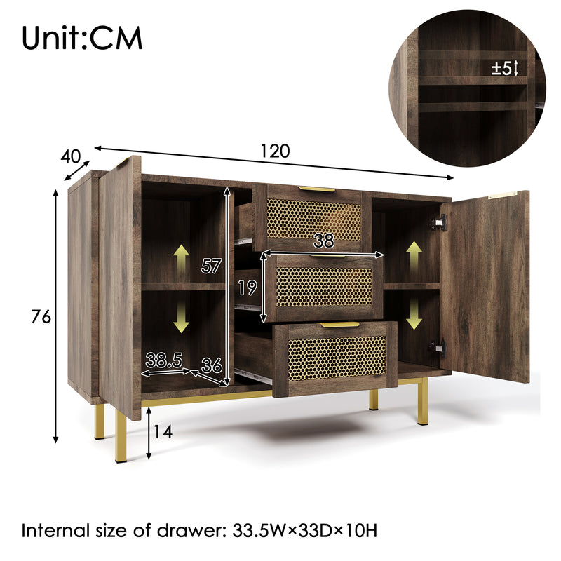 Buffet Industriel Bois Foncé et Métal avec Portes Grillagées et Pieds Dorés SHIMHOLL