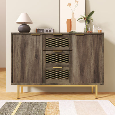 Buffet Industriel Bois Foncé et Métal avec Portes Grillagées et Pieds Dorés SHIMHOLL