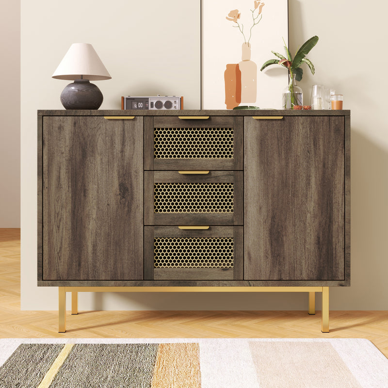 Buffet Industriel Bois Foncé et Métal avec Portes Grillagées et Pieds Dorés SHIMHOLL
