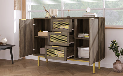 Buffet Industriel Bois Foncé et Métal avec Portes Grillagées et Pieds Dorés SHIMHOLL