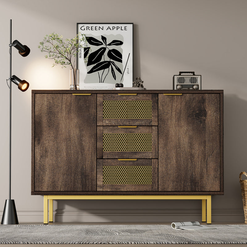 Buffet Industriel Bois Foncé et Métal avec Portes Grillagées et Pieds Dorés SHIMHOLL