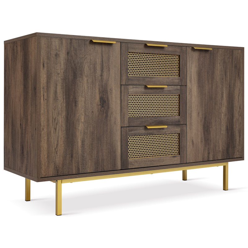 Buffet Industriel Bois Foncé et Métal avec Portes Grillagées et Pieds Dorés SHIMHOLL