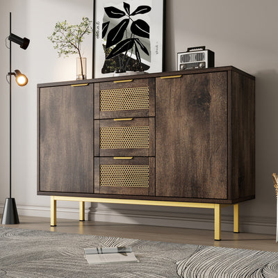 Buffet Industriel Bois Foncé et Métal avec Portes Grillagées et Pieds Dorés SHIMHOLL