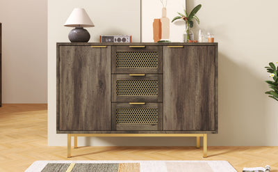 Buffet Industriel Bois Foncé et Métal avec Portes Grillagées et Pieds Dorés SHIMHOLL