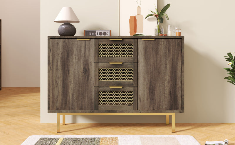 Buffet Industriel Bois Foncé et Métal avec Portes Grillagées et Pieds Dorés SHIMHOLL