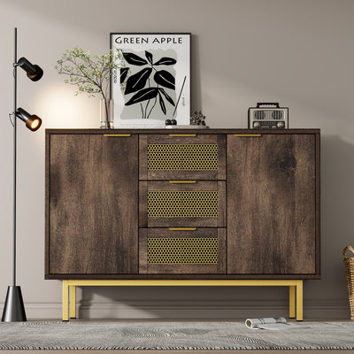 Buffet Industriel Bois Foncé et Métal avec Portes Grillagées et Pieds Dorés SHIMHOLL