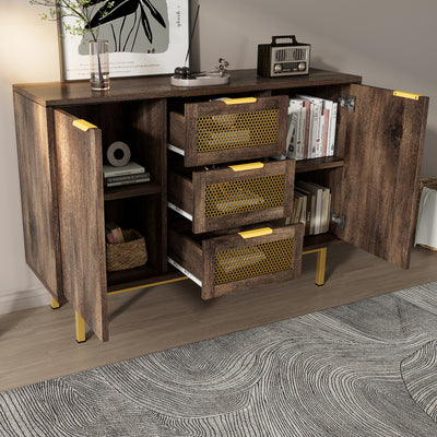 Buffet Industriel Bois Foncé et Métal avec Portes Grillagées et Pieds Dorés SHIMHOLL