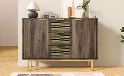 Buffet Industriel Bois Foncé et Métal avec Portes Grillagées et Pieds Dorés SHIMHOLL