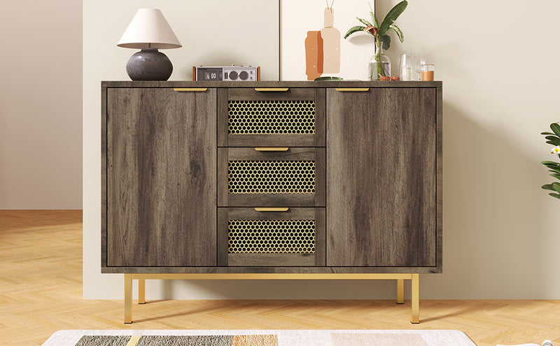 Buffet Industriel Bois Foncé et Métal avec Portes Grillagées et Pieds Dorés SHIMHOLL