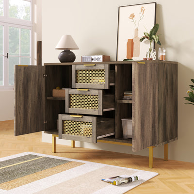 Buffet Industriel Bois Foncé et Métal avec Portes Grillagées et Pieds Dorés SHIMHOLL