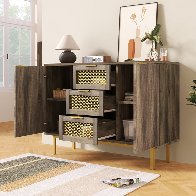 Buffet Industriel Bois Foncé et Métal avec Portes Grillagées et Pieds Dorés SHIMHOLL