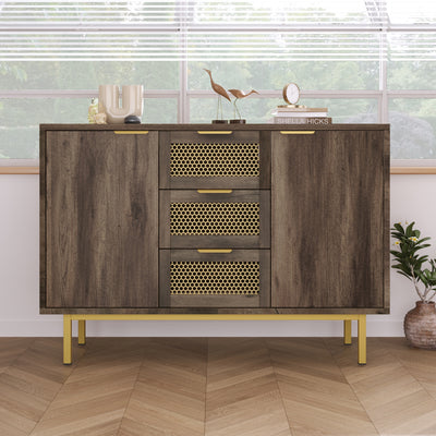 Buffet Industriel Bois Foncé et Métal avec Portes Grillagées et Pieds Dorés SHIMHOLL