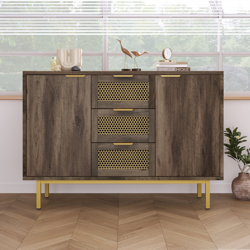 Buffet Industriel Bois Foncé et Métal avec Portes Grillagées et Pieds Dorés SHIMHOLL