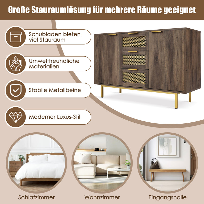 Buffet Industriel Bois Foncé et Métal avec Portes Grillagées et Pieds Dorés SHIMHOLL