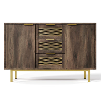 Buffet Industriel Bois Foncé et Métal avec Portes Grillagées et Pieds Dorés SHIMHOLL